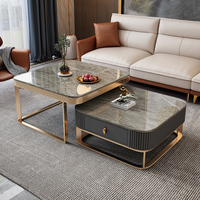 Ensemble de table basse moderne de luxe en bois et en marbre carrée pour le salon extensible en or pour la maison avec tiroirs meubles design en acier inoxydable