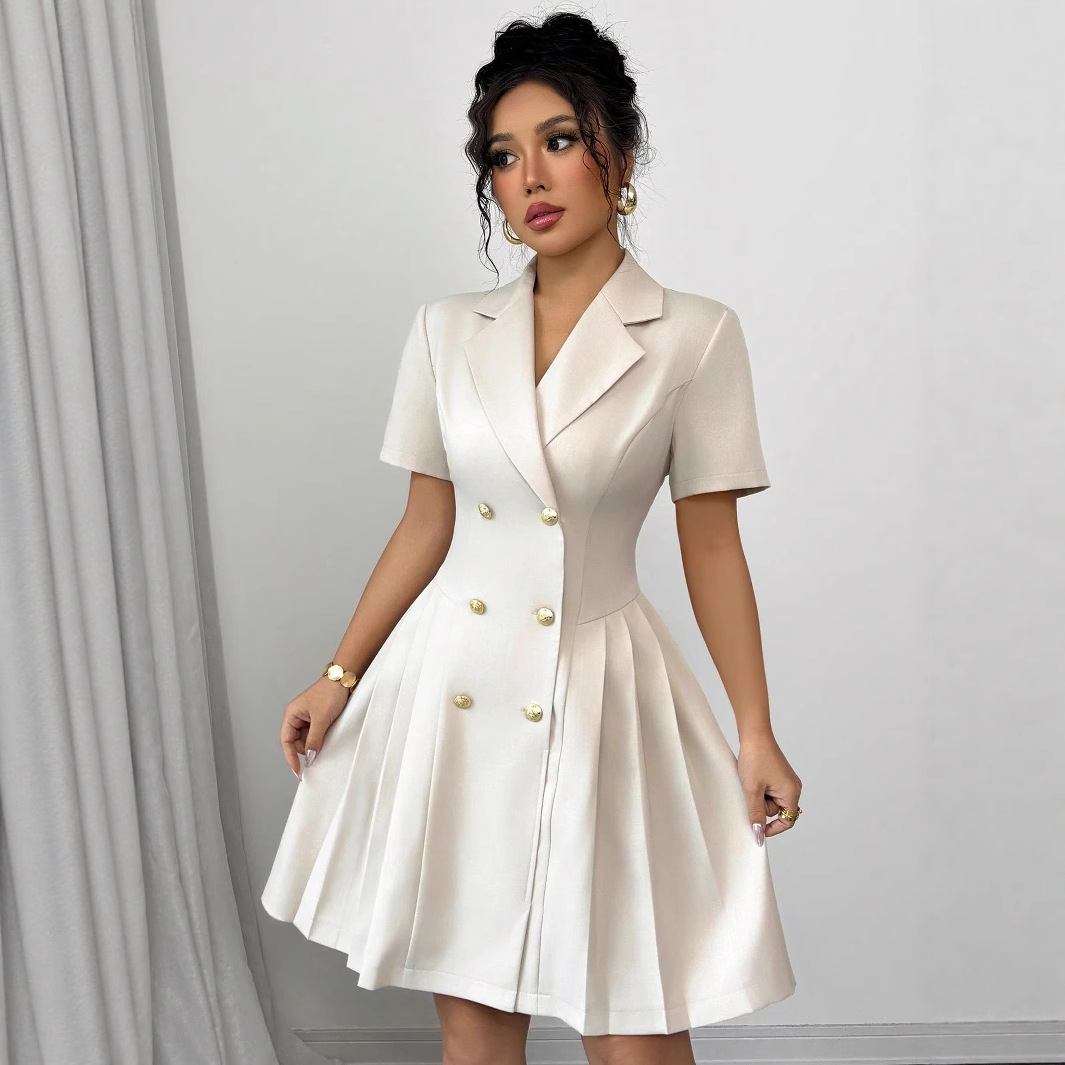 chinese dress ladies Black Side Pleated Trench Wrap Dresses Womens Waiststrap Double Breast –  CALD main image 0