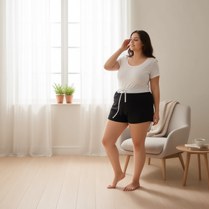 Pantaloncini da donna Buonic taglie forti neri blu navy con coulisse e vita elasticizzata, taglie grandi 48 50 52 54 56, abbigliamento casual - Product Image 2