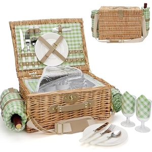 Boîte de pique-nique de luxe <span class=keywords><strong>en</strong></span> osier avec doublure isotherme, assiettes, fourchettes, couteaux, cuillères, porte-vin et couverture à carreaux portable - Product Image 2