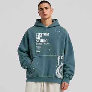 ผู้ผลิตเสื้อฮู้ดดี้สตรีทแวร์แบบกำหนดเอง ผ้าเฟรนช์เทอร์รี่ 500 กรัม เสื้อพูลโอเวอร์ทรงวินเทจ ล้างสีแบบวินเทจ ทรงโอเวอร์ไซส์ ทรงบ็อกซี่  โลโก้แบบกำหนดเอง เสื้อฮู้ดดี้ผู้ชาย - Product Image 1