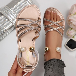 Sandalias de Talla Grande para Mujer con Pedrería, Tela Elástica, Suela <span class=keywords><strong>Plana</strong></span>, Nuevo Modelo 2026, Diseño Casual con Punta Abierta y Botones Adornados con Perlas - Product Image 1