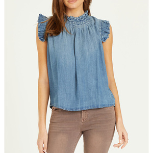 Camicette estive <span class=keywords><strong>senza</strong></span> <span class=keywords><strong>maniche</strong></span> da donna con colletto a balze e chiusura con bottoni a <span class=keywords><strong>maniche</strong></span> arricciate blusa blu Denim da donna - Product Image 1