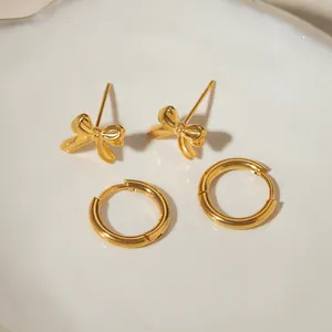 J&D Elegant Stainless Steel Gold Plated Earring Handmade Small Hoop And Bow Stud Earrings Set For Women