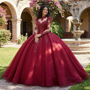 XS198 Hermoso Vestido de Quinceañera con Cuello Alto Ilusorio y Lentejuelas Color Borgoña para Chicas de 15 Años - Product Image 1