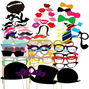 Cheap 60 Pcs Party Props for Photo Booth Birthday Wedding Kids Adult Prom Mustache Glasses Mouth Bowler on a Stick