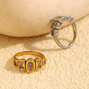 Women's 18K <b>Gold</b> Plated <b>Cocktail</b> <b>Ring</b> With Lab Created Cubic Zirconia Emerald Cut Bezel Setting Modern Geometric Design - Product Image 3