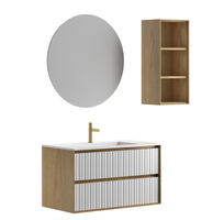Set Meja Rias Kamar Mandi Modern yang Dipasang di Dinding dengan Tekstur Beralur & Cermin LED Sentuh Pintar |   Lapisan Kayu Walnut Mewah untuk Renovasi Rumah
