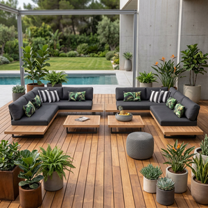 Outdoor Sectional Garden <b>Sofa</b> <b>Set</b> with Teak & Fabric Cushioned Patio Couch Side Tables Minimalist Design for Villa Use - Product Image 3