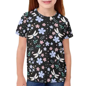 Floral Dragonfly Design Summer Casual Short Sleeve T-Shirt Children's Fashion Round Neck T Shirt New Popularity Girl Boy Clothes