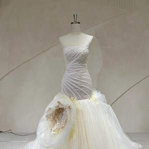 Spjy013 Elegant Ivory Satin Bridal <b>Gown</b> Ruched Bodice Beaded Tulle Mermaid Ball <b>Gown</b> Sweetheart Neck Watteau Train Wedding Dress - Product Image 2