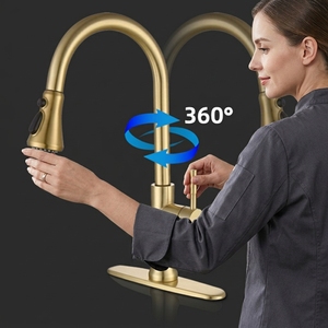 Robinet de lavabo monotrou en laiton doré brossé, mitigeur <span class=keywords><strong>d</strong></span>'<span class=keywords><strong>eau</strong></span> chaude et froide à <span class=keywords><strong>d</strong></span>étection tactile, rotation à 360 degrés - Product Image 2