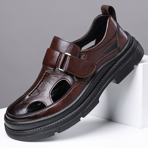 Sandales plates en cuir souple pour hommes, à fermeture Velcro, chaussures décontractées d'été, taille adulte 40 41 42 43 44 45 - Product Image 1