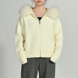 Wholesale <strong>Ladies</strong> Breathable Dyed Knitted Coat <strong>Hooded</strong> Zipper Autumn Removable Fuzzy Real Fox Fur Collar Wool Knit <strong>Cardigan</strong> - Product Image 4