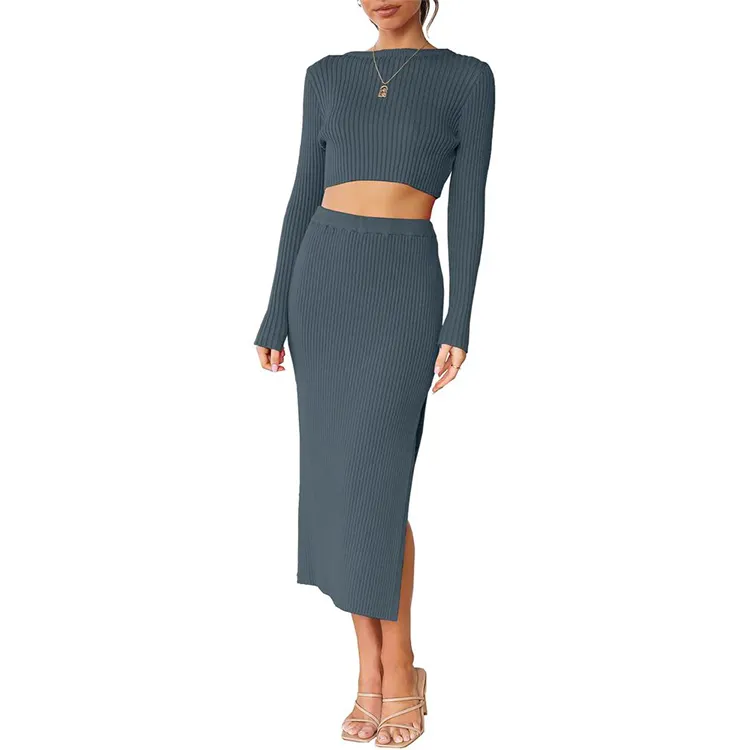 Hot Selling Women's Sweater Dress Outfits Long Sleeve Crop Top Ribbed Midi Bodycon Skirt 2 Piece Sets