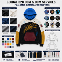 Sweat à capuche zippé streetwear personnalisé bleu, motif color block, effet éclaboussures de peinture graffiti, coupe ample et oversize, fournisseur en gros pour marques