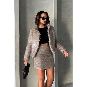 TOPSHOW Women's Elegant Cream Glitter Fringed Woven Cotton Polyester <b>Jacket</b> - Stylish Long Sleeve Outerwear for Autumn Winter - Product Image 2