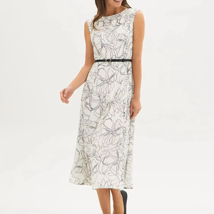 Women's Elegant White Black Abstract Floral Line Art Boat Neck Sleeveless Belted A-Line Midi Dress Formal Office Daily Wear - Product Image 1