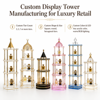Tour d'exposition à 5 niveaux en acrylique cristallin usiné CNC avec colonnes dorées pour parfums, montres et bijoux