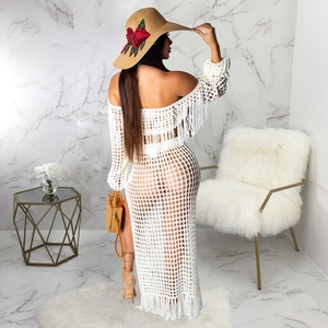 Ensemble de jupes 2 pièces à franges pour femmes-Short de bikini à pompons rose en crochet-Top court à épaules dénudées-Vêtements d'été-Robe de plage - Product Image 4