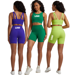 普拉提女式套装2件套高腰自行车短裤运动文胸运动服套装 - Product Image 1