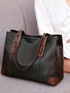 Bolso Tote de Cuero Genuino para Mujer, Clásico, Casual, de Gran Capacidad, con Dos Asas, Diseño Duradero con Patrón de Lichee - Product Image 1