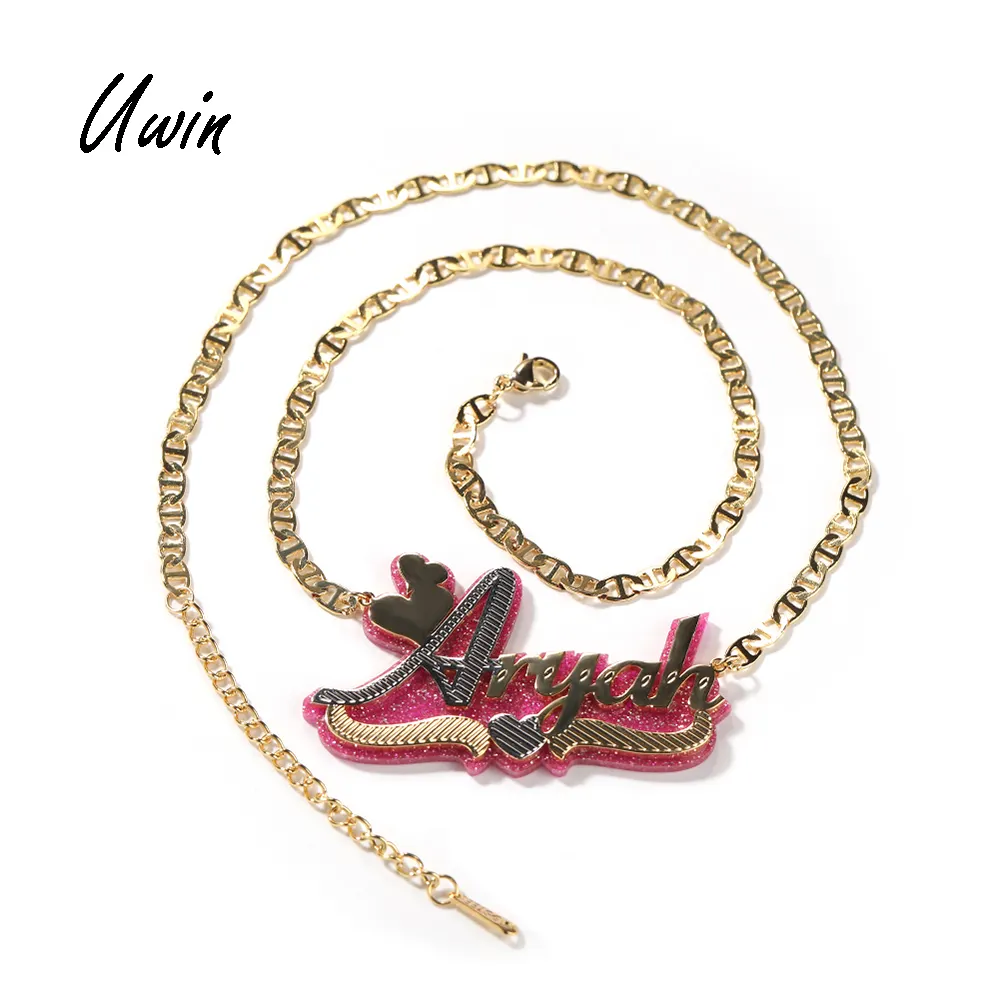 Plaque de nom personnalisée bricolage en acier inoxydable paillettes 3D pendentif Hiphop collier personnalisé bijoux bling-bling colorés