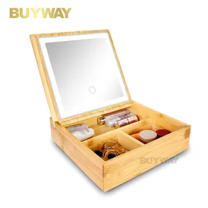 Buyway faltbare Bambus spiegel kosmetische Lagerung Reise Make-up Organizer Box mit Spiegel leuchten LED