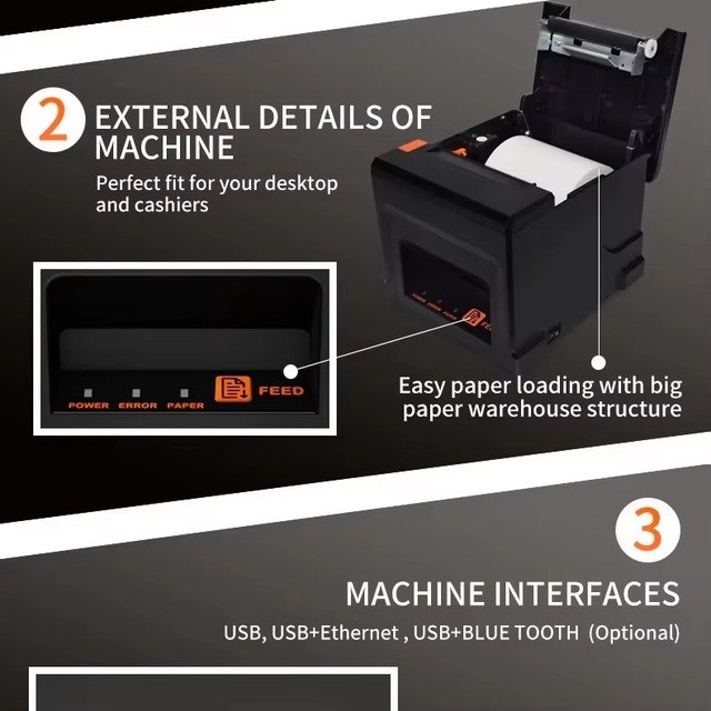 POS8360 High Quality Dual Printing Label and Receipt Printer Mini Desktop USB Wireless 80mm Thermal Printer 220mm/s