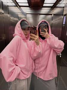 Sudadera con capucha rosa para mujer, con cordón, de forro polar, manga abullonada, hombro caído, corte holgado, estilo casual urbano, top de moda de otoño, jersey. - Product Image 1