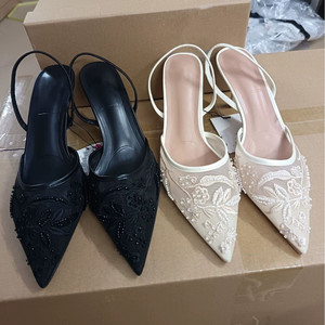 Women's Heeled <b>Sandals</b> for Autumn New Arrivals - White Embroidered Mesh, Slim Heel, Pointed Toe Sexy Ladies Heels - Product Image 1