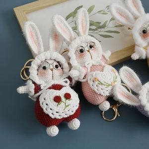 Cute Crochet Rabbit Keychain 13cm Handcrafted Bunny <b>Doll</b> with Glasses Embroidered Floral Apron Bag <b>Accessory</b> Handmade Toy - Product Image 3