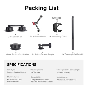 Mechrig 4-en-1 Kit de montage à ventouse pour voiture avec bâton de selfie invisible pour <span class=keywords><strong>GoPro</strong></span>, Insta360, <span class=keywords><strong>DJI</strong></span> stabilisé, réglable - Product Image 2