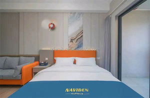 Commercial Hospitality Bedroom Set <b>Queen</b> King MDF Panel <b>Bed</b> <b>Frame</b> with Soft Orange Headboard Nightstand for 3 Star Hotel Project - Product Image 6