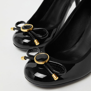 Women <b>Round</b> <b>Toe</b> Solid Shoes High Thin <b>Heels</b> Patent Circle Decor Sandals Dress Stiletto Wide Feet Front Bow Pumps - Product Image 6