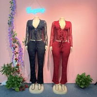 Nouvel ensemble deux pièces sexy pour femme en dentelle transparente à nouer devant, cardigan à manches longues avec pantalon en dentelle assorti