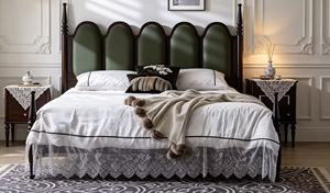 Premium Queen Size Dark Wood Spindle <b>Bed</b> With Green Velvet Five Panel Upholstered Headboard For Bedroom - Product Image 3