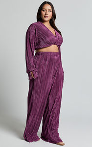 Personalizado cetim plissado torção mangas compridas colheita Tops calças compridas calças fábrica de roupas Co Ord combinando 2 peça conjunto das mulheres - Product Image 5
