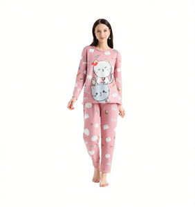 Grazioso Pigiama da Donna in Cotone e Bambù, Set con Maniche Lunghe, Collo Tondo, Stampa Gatto Cartoon, Morbido e Confortevole, Pantaloni Lunghi fino alla Caviglia - Product Image 1