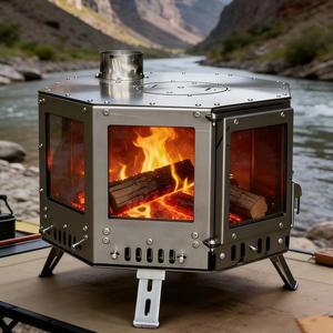 Poêle <span class=keywords><strong>à</strong></span> <span class=keywords><strong>bois</strong></span> hexagonal multifonctionnel en acier inoxydable pour le camping en plein air, pour cuisiner/chauffer/élever la température, avec pieds pliables - Product Image 2