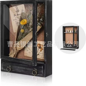 Wooden Flip Top Transparent <b>Display</b> Box With Drawer <b>Wall</b> <b>Mounted</b> Souvenir Storage <b>Cabinet</b> Rectangle Solid Color Covered - Product Image 2