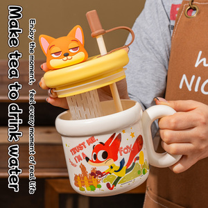 <span class=keywords><strong>Mug</strong></span> en céramique de dessin animé <span class=keywords><strong>Disney</strong></span> avec paille, couvercle et poignée, tasse à café et à lait pour le bureau, la maison et les cadeaux - Product Image 5