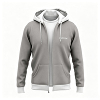 Sweat à capuche gris entièrement zippé avec poignets et ceinture côtelés contrastants blancs, poches obliques, personnalisable vierge