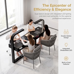 Table de manucure double en pierre frittée de luxe avec lampes LED intégrées en forme d'arche, noir mat, poste de travail professionnel pour 2 personnes - Product Image 2