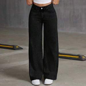Pantalon en <span class=keywords><strong>jean</strong></span> délavé noir taille mi-haute à jambe large pour adolescentes, doux, polyvalent, décontracté, style urbain, OEM ODM, vente en gros - Product Image 1
