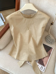 Ärmellose Bluse im koreanischen Stil mit lockerer Passform, kurze Weste, französisch inspirierte Baumwoll-Leinen-Reiß verschluss oberteil mit Reiß verschluss - Product Image 5