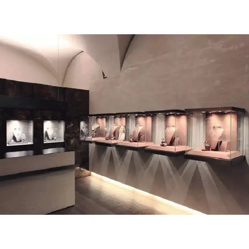 Tempat Pajangan Kaca Perhiasan Terpasang Di Dinding untuk Ruang Pamer Perhiasan