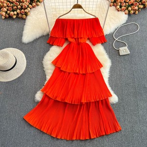 Vendita calda a buon mercato nuovo elegante vestito da donna dolce con gonna a spalla in tinta unita con volant abito lungo da spiaggia per le vacanze - Product Image 3