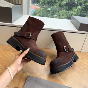 Women Vintage Washed Suede Mid Calf Biker <b>Boots</b> Metal Buckle Decor Chunky Platform Motorcycle <b>Boots</b> Street Fashion Shoes - Product Image 1