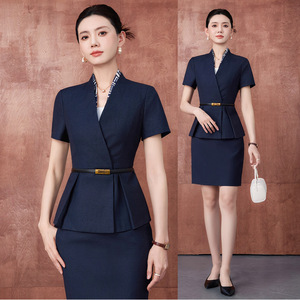 Women's Suit Set Short Sleeve Navy Blue Office Lady Professional Uniform Breathable Woven Fabric Business Commute Interview Wear - Product Image 1
